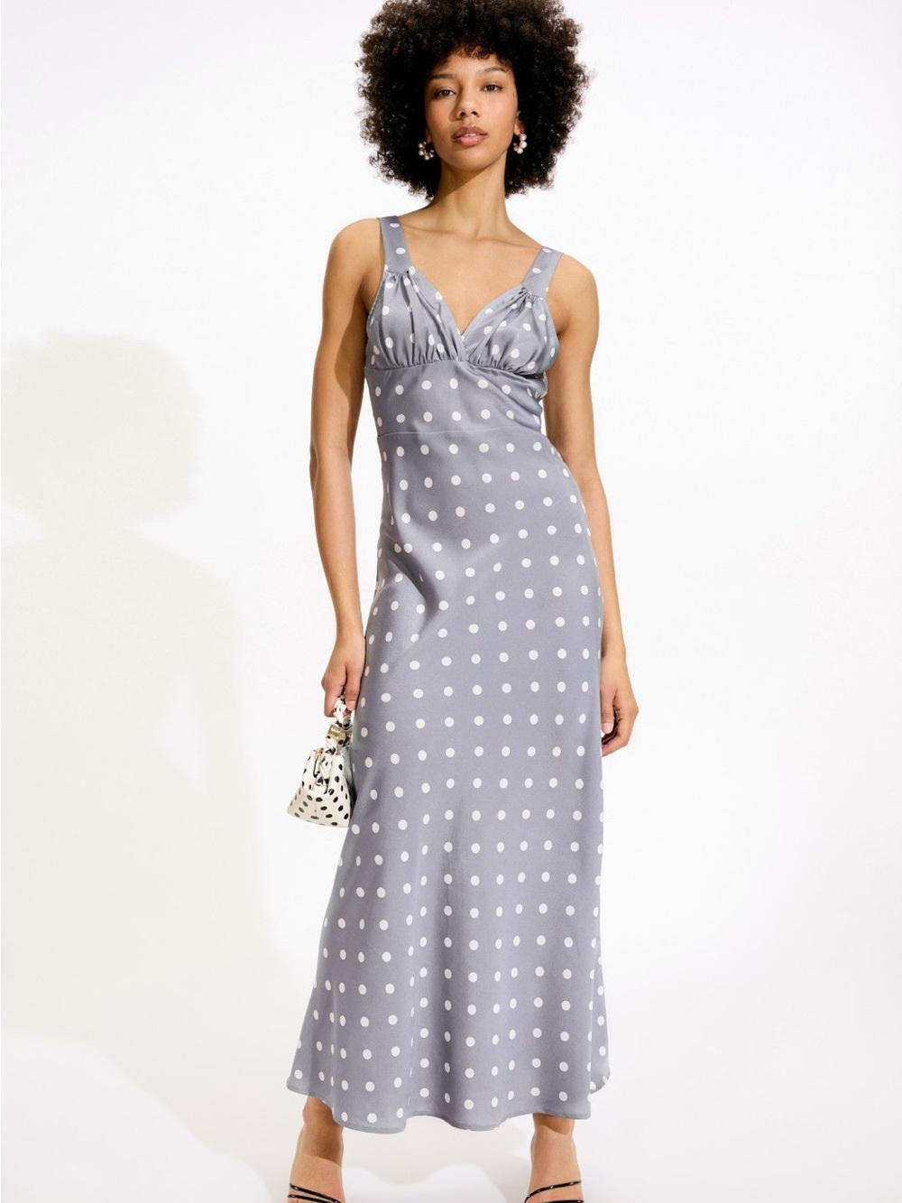NWT! WeWoreWhat Ruched Cup Slip Maxi Dress in Polka Dot Dusty Blue